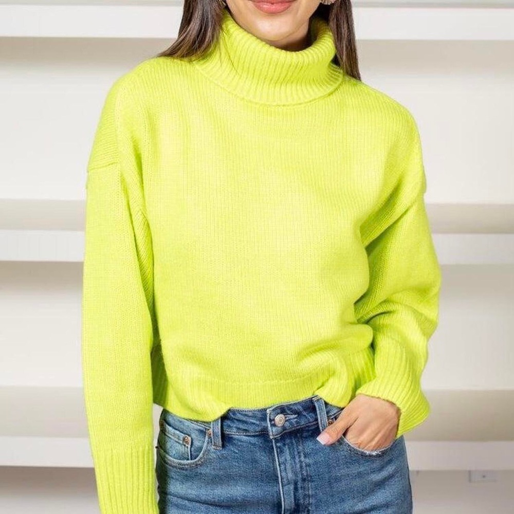 Lime Neon Green Turtleneck Chunky Sweater Long Sleeve Casual Funky Eccentric